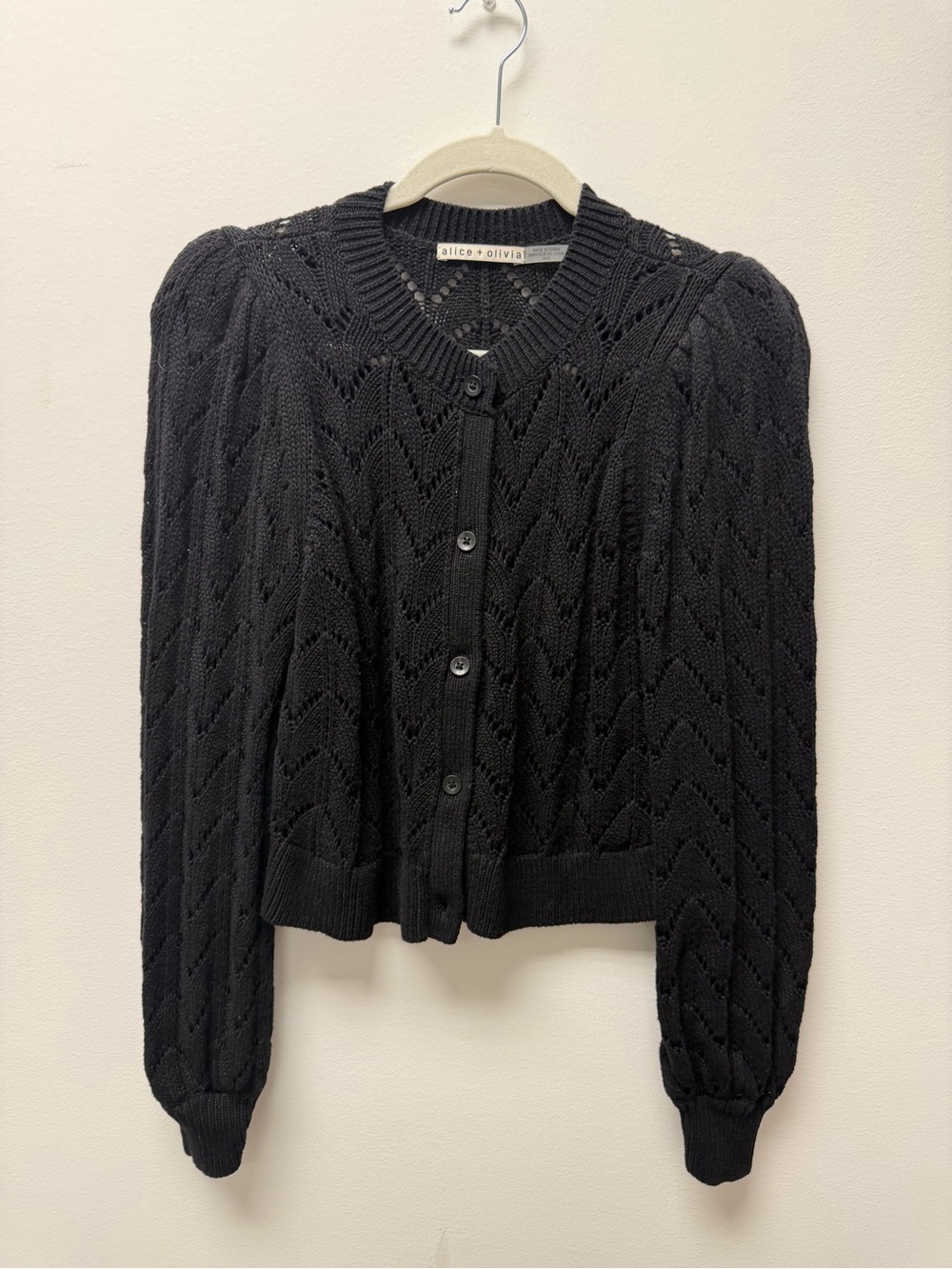 Alice + Olivia Black Pointelle Button-Front Cardigan